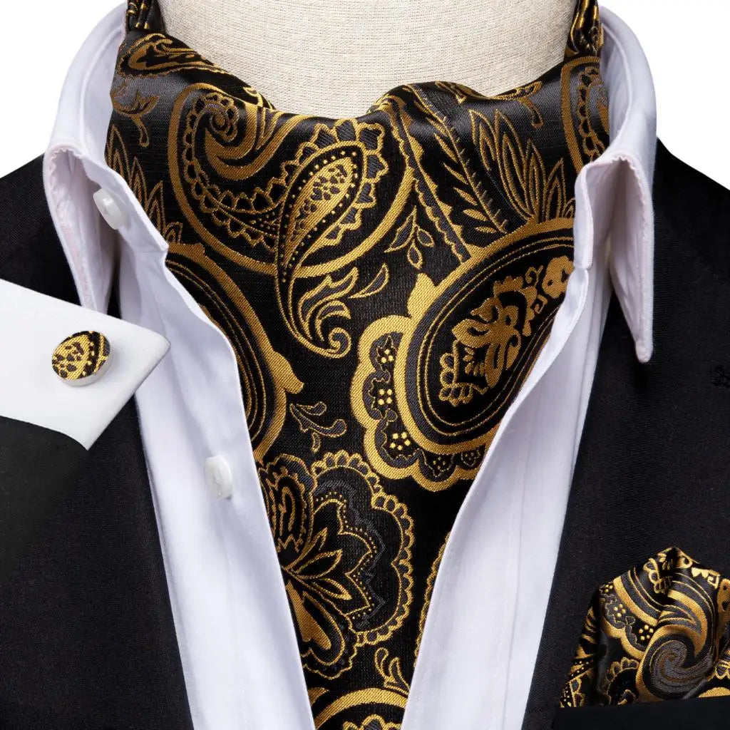 Hi-Tie Mens Ascot Black Pink Blue Red Gold Green Purple White Cravat Tie Hanky Cufflinks for Male Wedding Business Prom