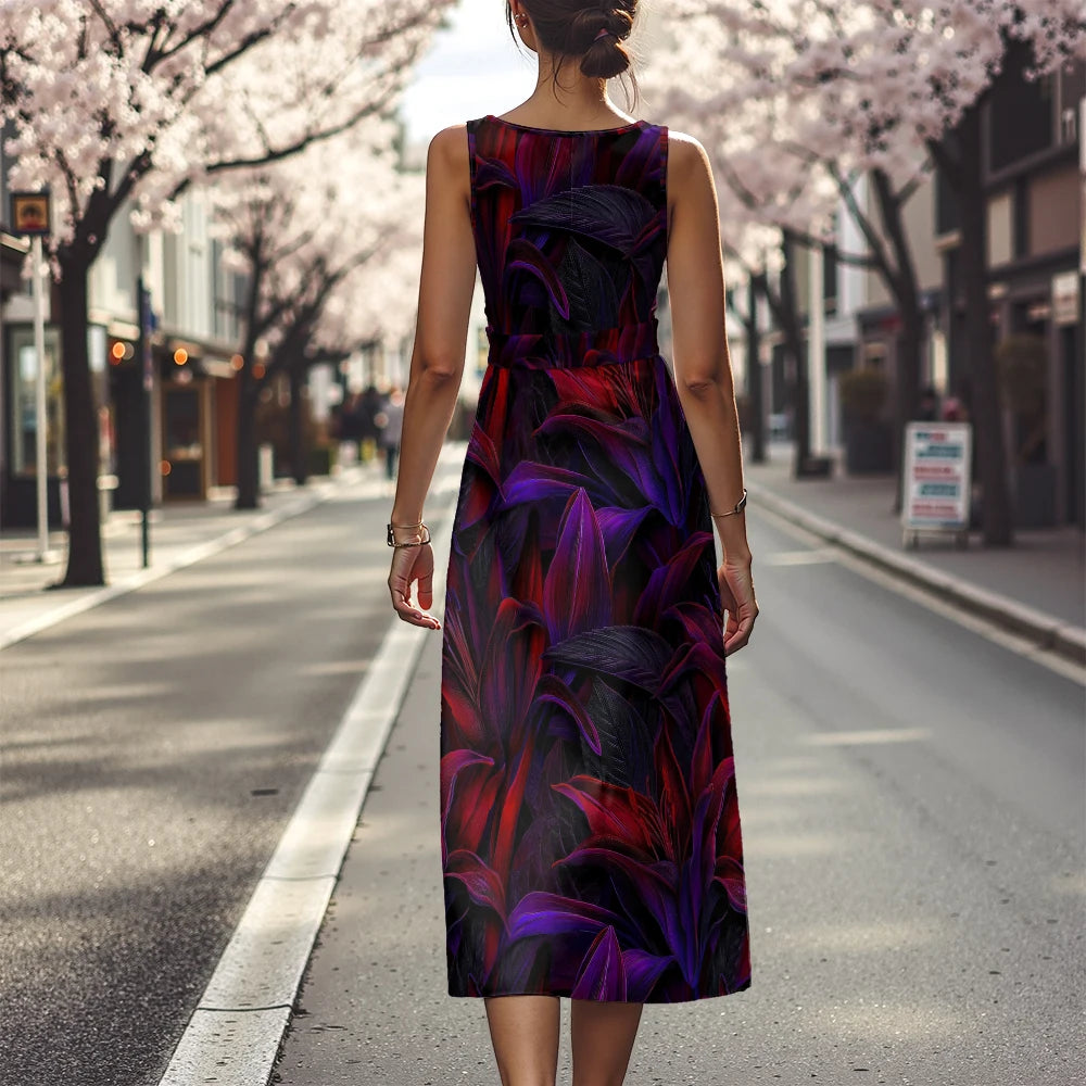 Elegant Floral Dress for Women Breathable A-Line Sleeveless Dress Chic Blue & White with Pink Blooms Office To Vacation Dress