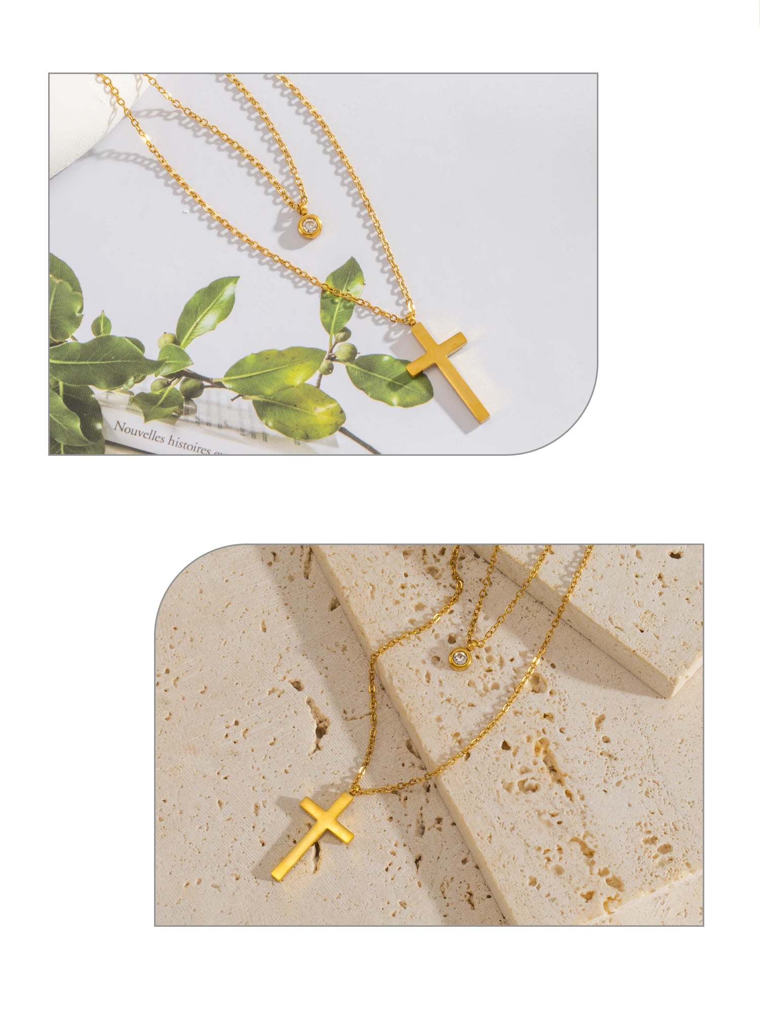 Layered Necklace for Women, Stackable Double pendant with CZ & Cross, Stainless Steel Waterproof Hypoallergenic Trendy Jewelry
