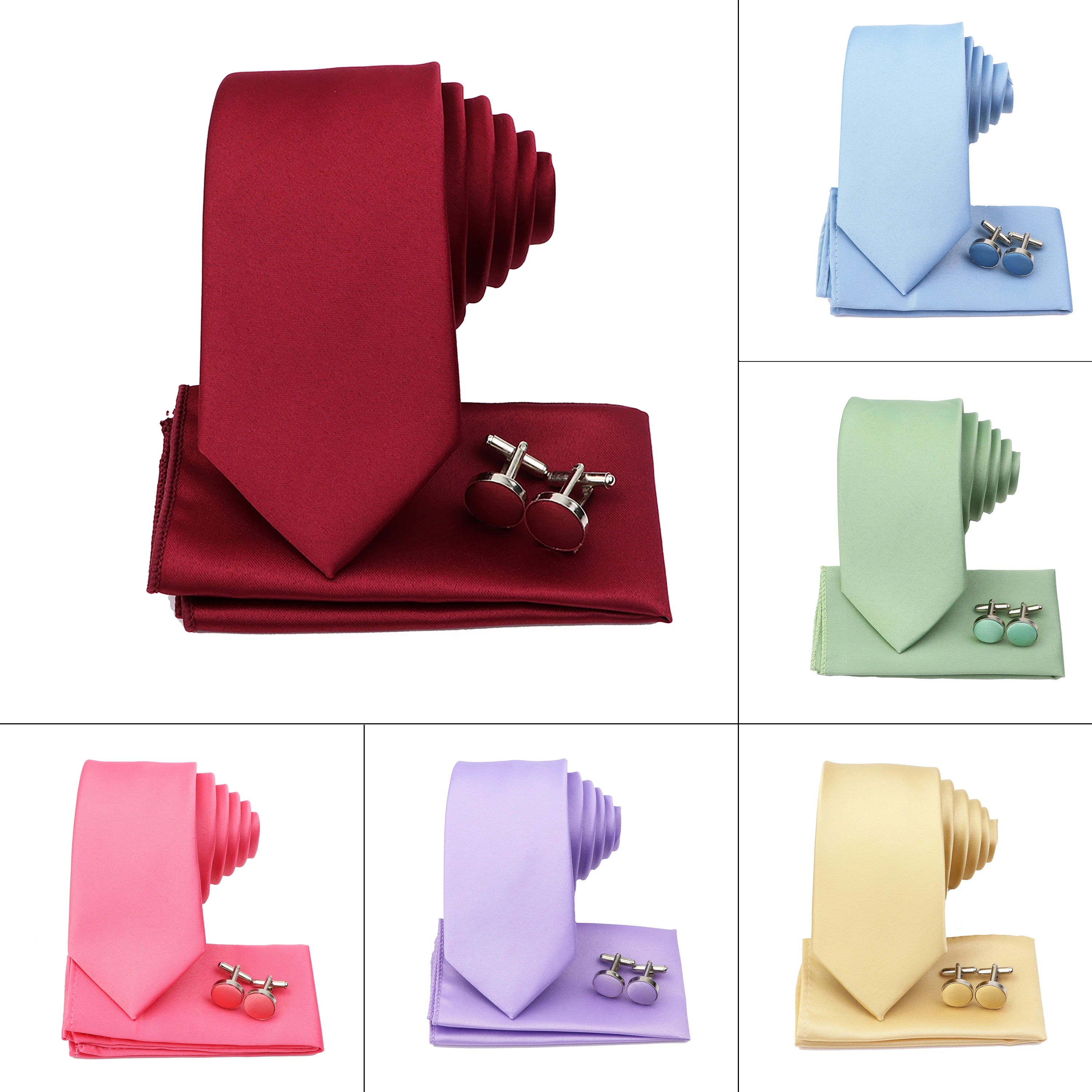 Men's Colorful Polyester Necktie Bowtie Cufflink Brooch Set Sage Green Pink Ties Business Wedding Party Shirt Accessories Gift