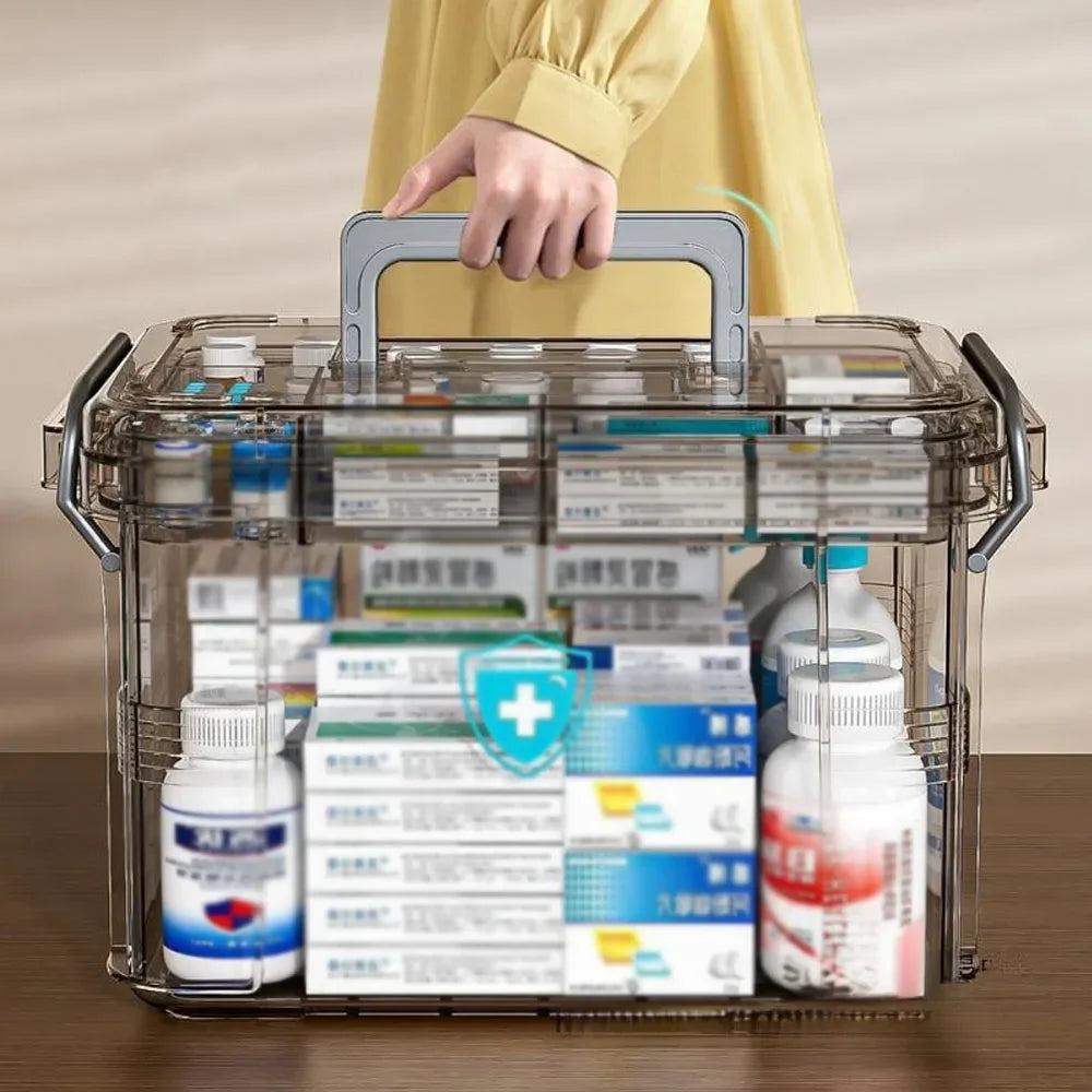 Clear Medicine Organizer Storage Box with Tray, Plastic First Aid Box Empty, Thickened Medicine Container Chest