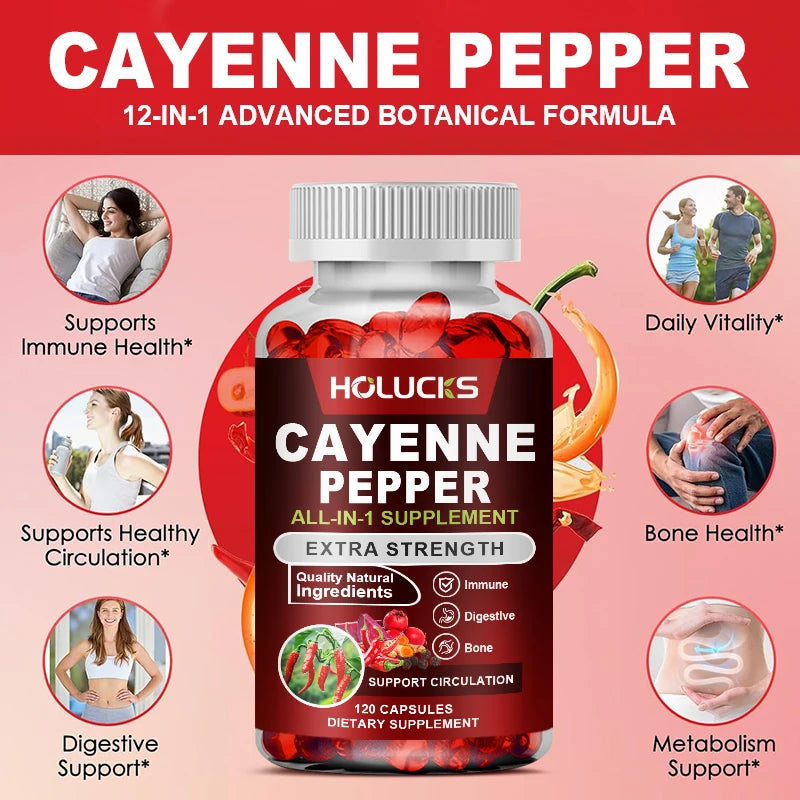 Cayenne Pepper Capsules, with Vitamin D3 K2, Blood Circulation, Promote Digestion, Boost Metabolism, Support Joint, Bone Health