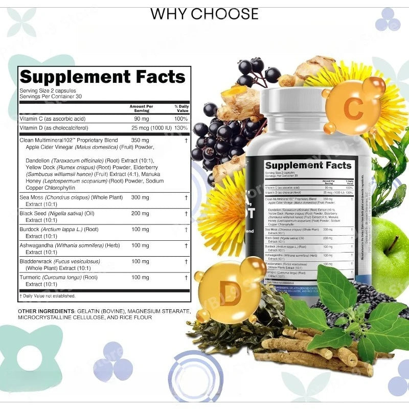 Sea Moss Black Seed Oil Ashwagandha Burdock Bladderwrack Turmeric Complex Elderberry Chlorophyll ACV Dandelion60 Capsules