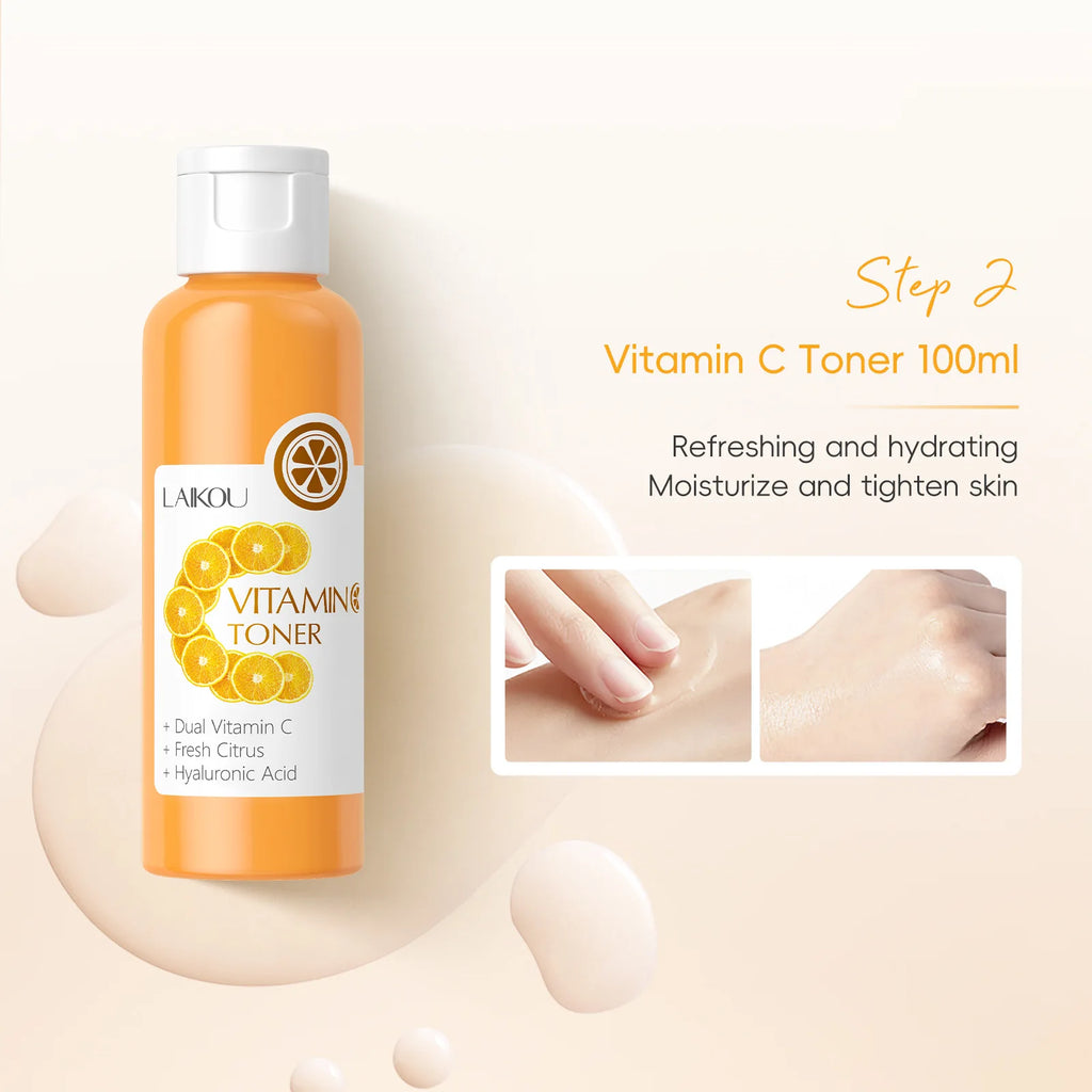 Facial Brightening Vitamin C Skincare 5pcs Set Essence Cream Serum Cleanser Toner Eye Moisturizer Care