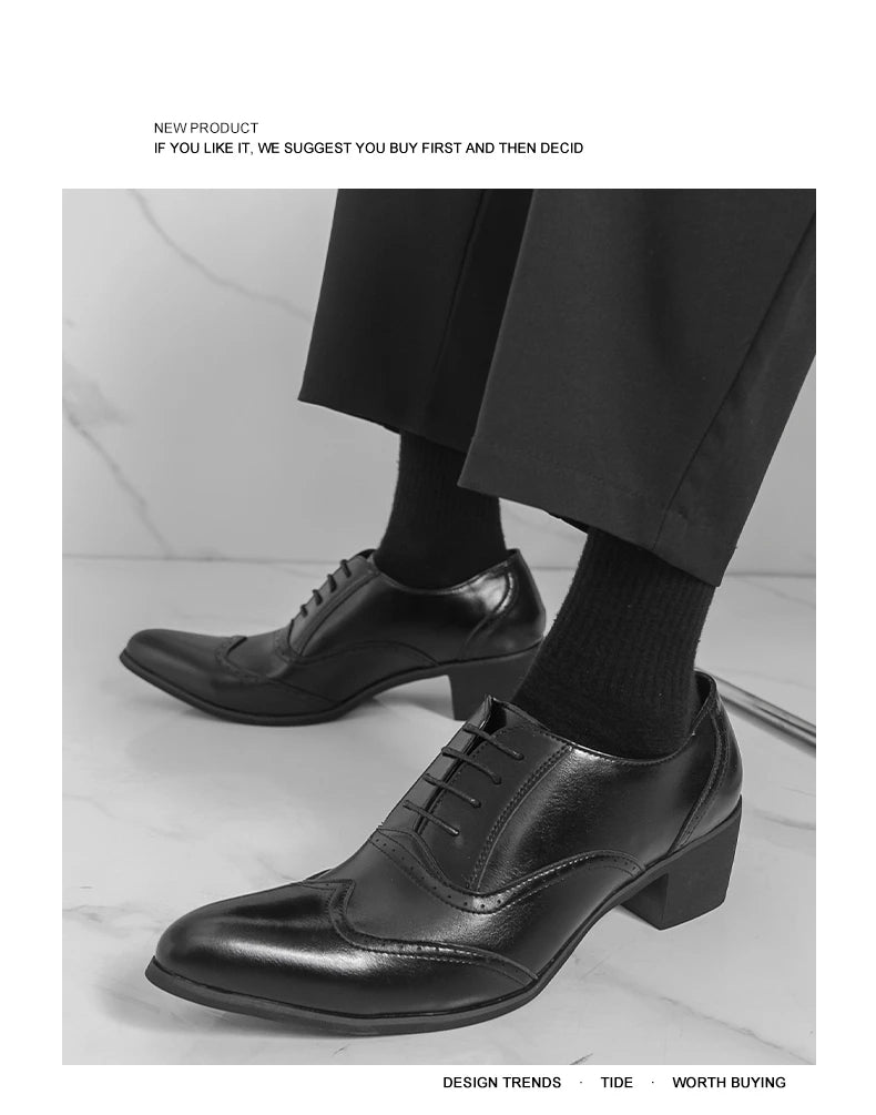 Men's High Heel Business Leather Shoes Mens Pointed Toe Dress Office Flats Men Fashion Wedding Party Oxfords Plus Size 38-46