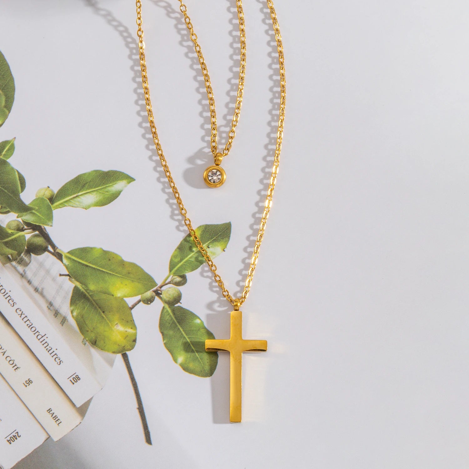 Layered Necklace for Women, Stackable Double pendant with CZ & Cross, Stainless Steel Waterproof Hypoallergenic Trendy Jewelry
