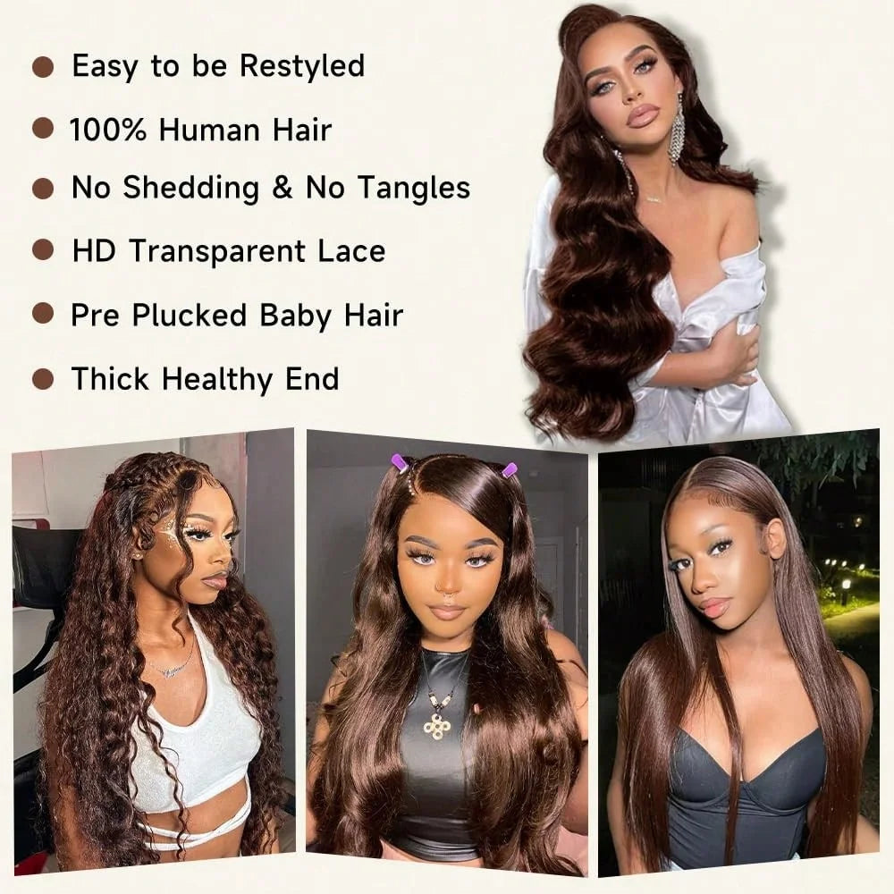 Chocolate Brown Body Wave Human Hair Wigs 13X4 HD Lace Frontal Wigs For Women Colored Brazilian Wet And Wavy Lace Front Wigs