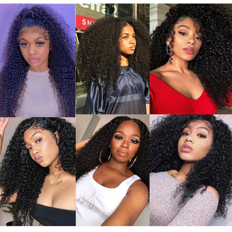 Long Kinky Curly Human Hair Bundles with Closure Frontal Peruvian Hair Bundles with Closure Remy 100% Human Hair Extensions