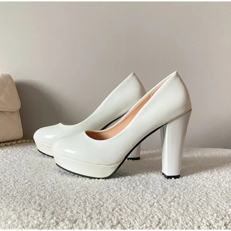 New High Heels Shoes Women White Wedding Shoes Thick High Heels Fashion Party Pumps Footwear Black Red Big Size 34-42