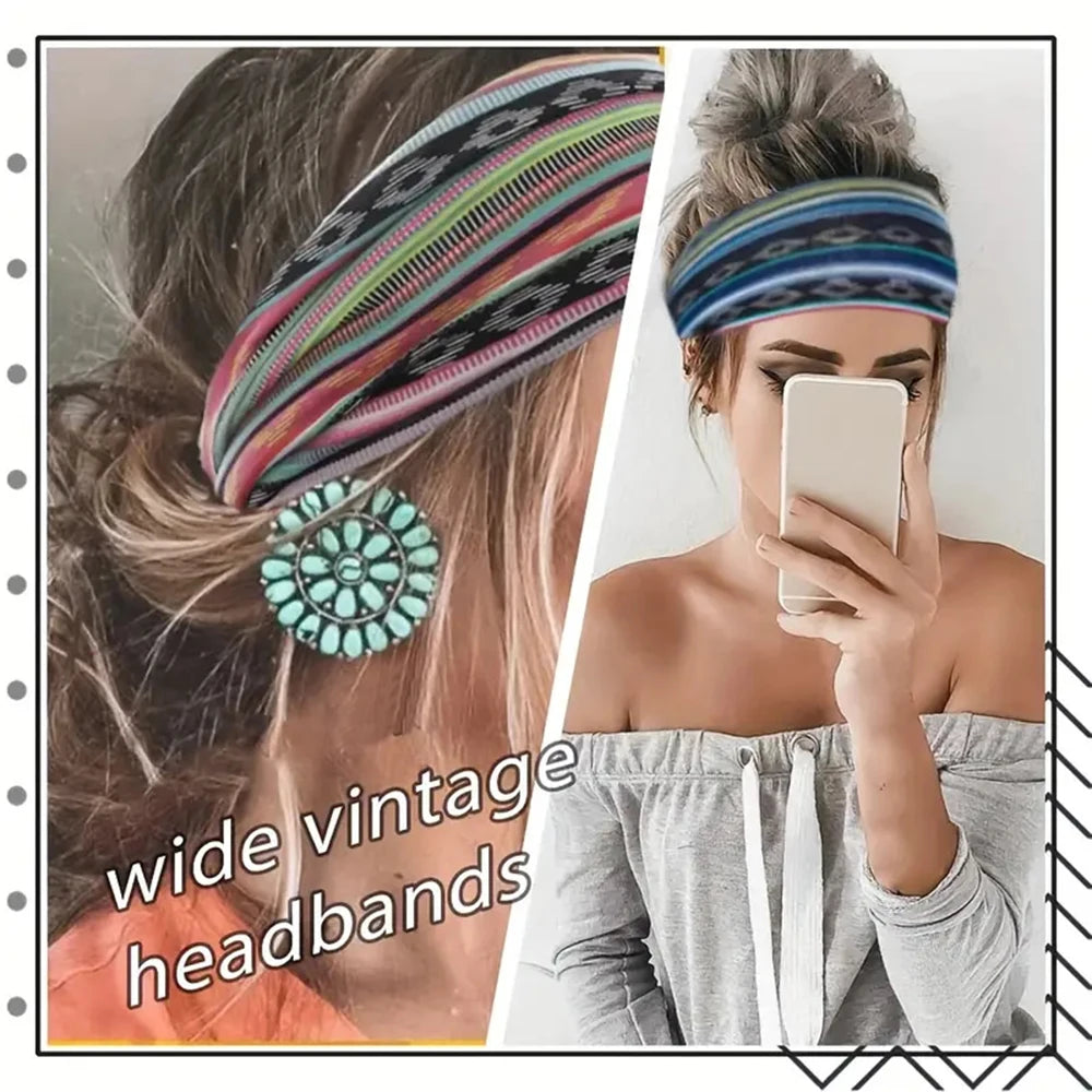 1/3pcs European American Women'S Bohemian Style Elastic Headscarf Fashionable Breathable Cotton Wide Brimmed Hair Accessories