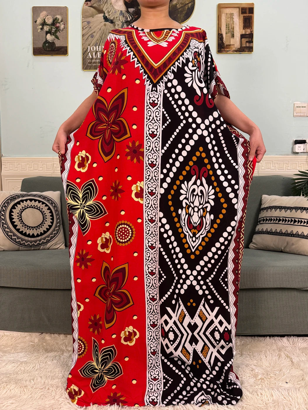 Muslim Abayas For Women 2025 Cotton Floral Printed Loose Caftan Marocain Femme Robe Eid Islam African Dresses With Pocket Scarf