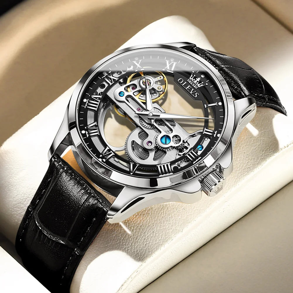 OLEVS 6661 Top Brand Men's Watches Fashion Hollow Flywheel Automatic Mechanical Wristwatch Waterproof Luminous Leather Strap