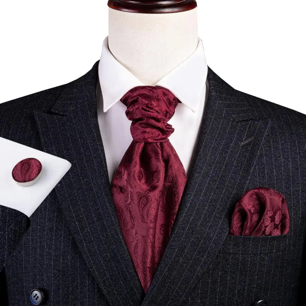 Hi-Tie Mens Ascot Black Pink Blue Red Gold Green Purple White Cravat Tie Hanky Cufflinks for Male Wedding Business Prom