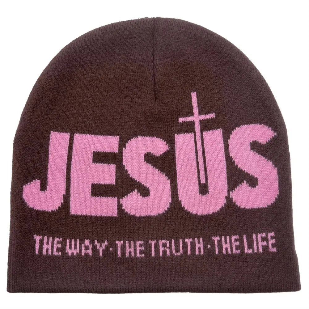Y2k Women Jacquard Alphabet JESUS Knit Beanies Hat Men Letter Winter Fashion Kpop Goth Warm Hip Hop Thermal Unisex Pullover Hat
