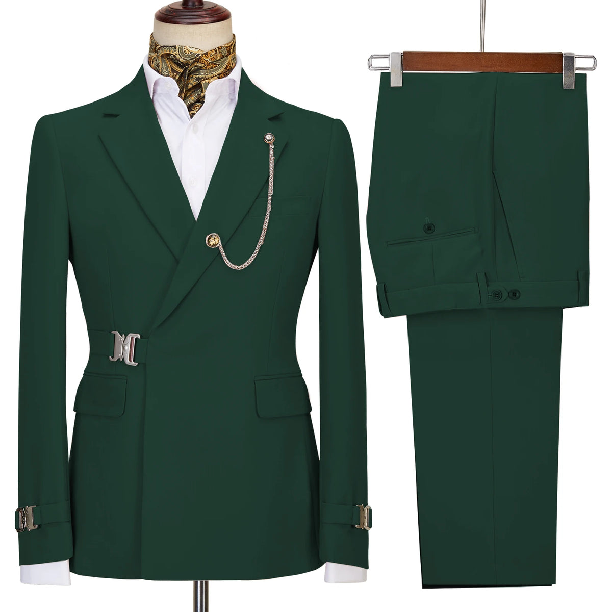 Elegant Men's Suit 2 Pieces Fashion Metal Buckle Jacket Boutique Business Casual Suit Coat Groom Wedding Dress (Blazers+Pants)