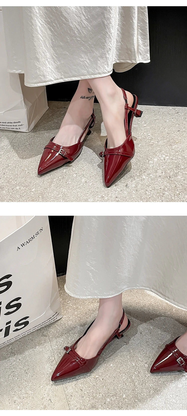 2026 New Summer Women's Dress Shoes Patent Leather Slip on Pointed Toe Sandals Buckle Slingbacks Mid Heels Pumps Sandalias Mujer