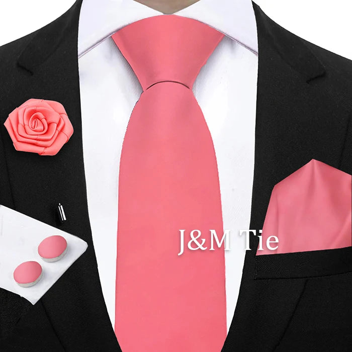 Mens Ties Solid NeckTie Pocket Square Brooch Set Men's Wedding Pink Blue Purple Tie Suit Accessories Fit Group Holiday Party