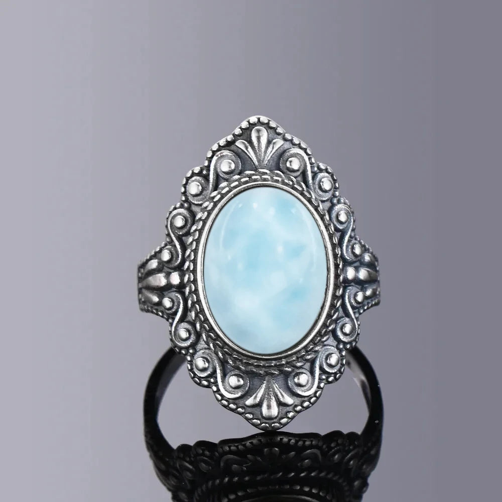 Vintage 925 Silver Ring Natural Larimar Stone Ring Round Flower Shape Sky Blue Summer Ring Fine Jewelry Gift for Men Women