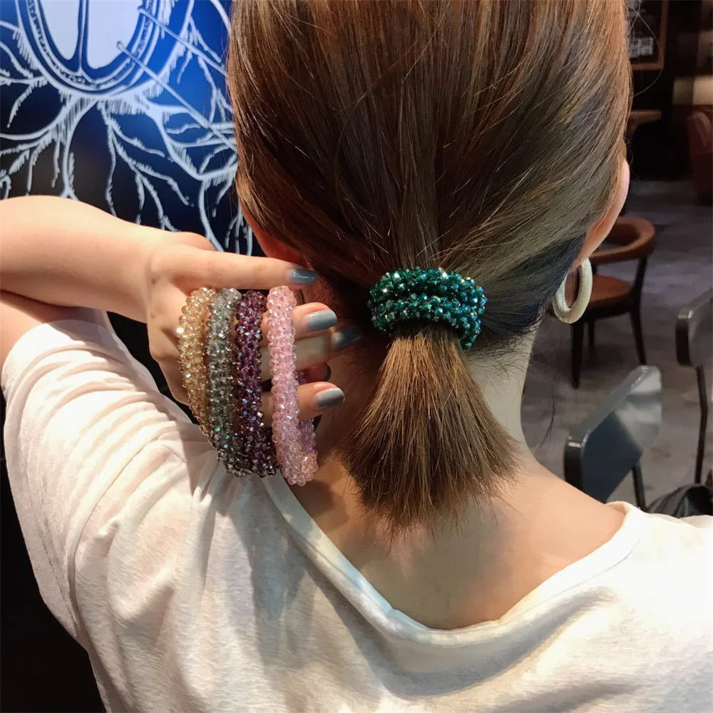 Crystal Beads Hair Ties for Women Vintage Ponytail Scrunchies Elastic Hair Bands Glass Beaded Rubber Hair Rope Accessories