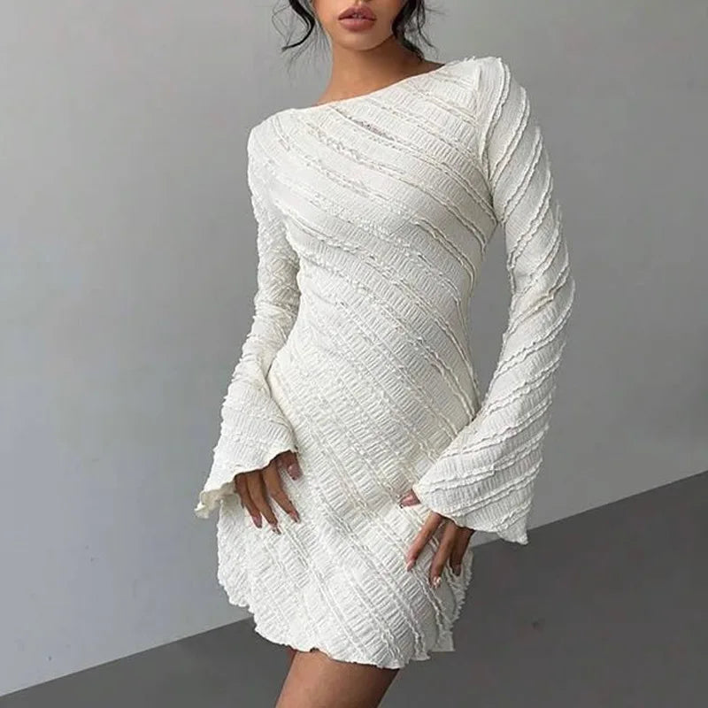 Women's Dress, White Knitted Fabric, Boat Collar A-word Short Skirt, Backless Lace-up.