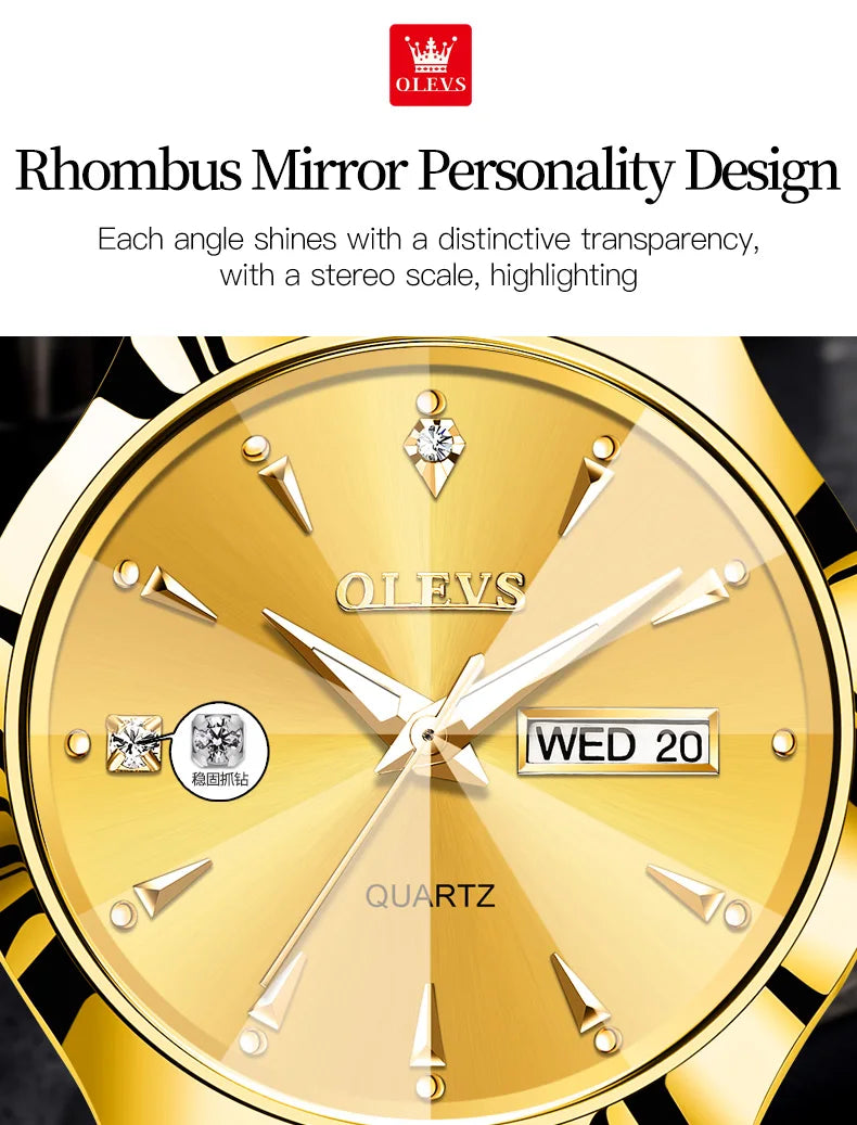 OLEVS Fashion Mens Watches Top Brand Luxury Tungsten Steel Gold Quartz Watch for Man Waterproof Luminous Date Week Wristwatch