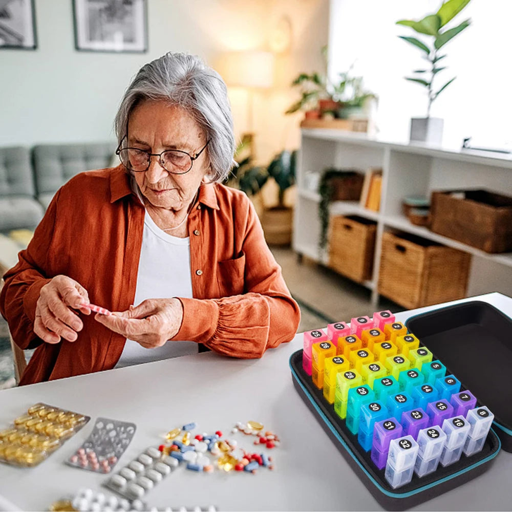 Month Medicine Organizer Box 3 Times A Day, Medicine Pill Boxes with 32 Daily Compartments & Portable Travel Medicine Organizing