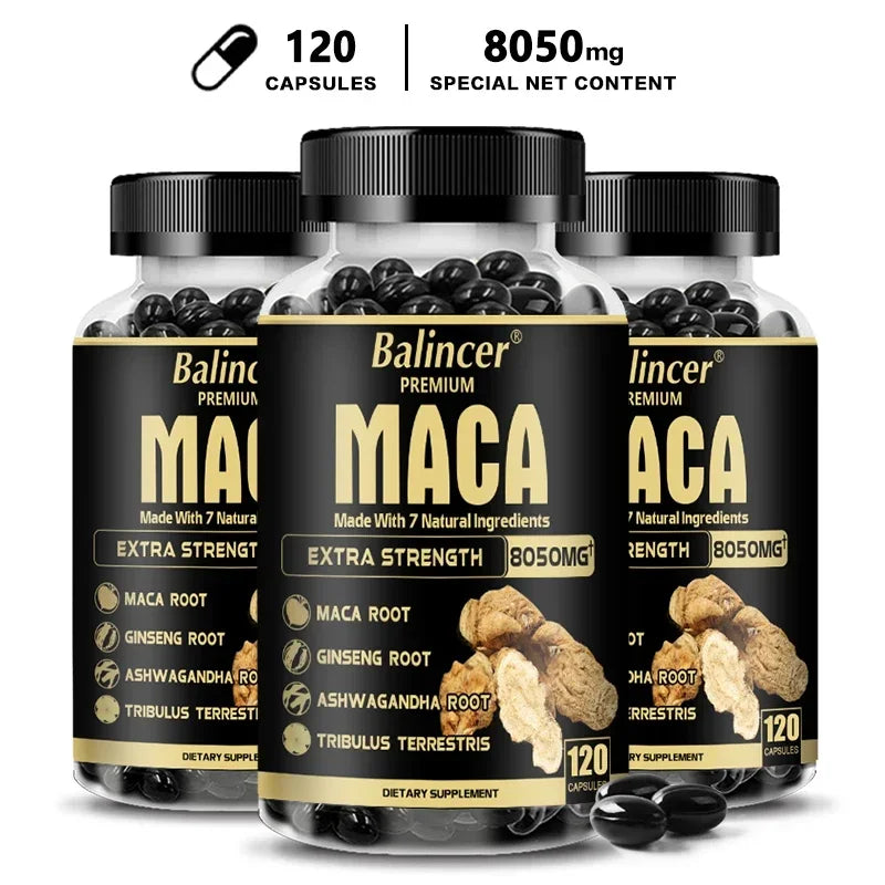 20X Natural Concentrated Extracts Black + Red + Yellow Maca Root, Korean Ginseng, Ashwagandha, Maca Root Capsules 8050 Mg