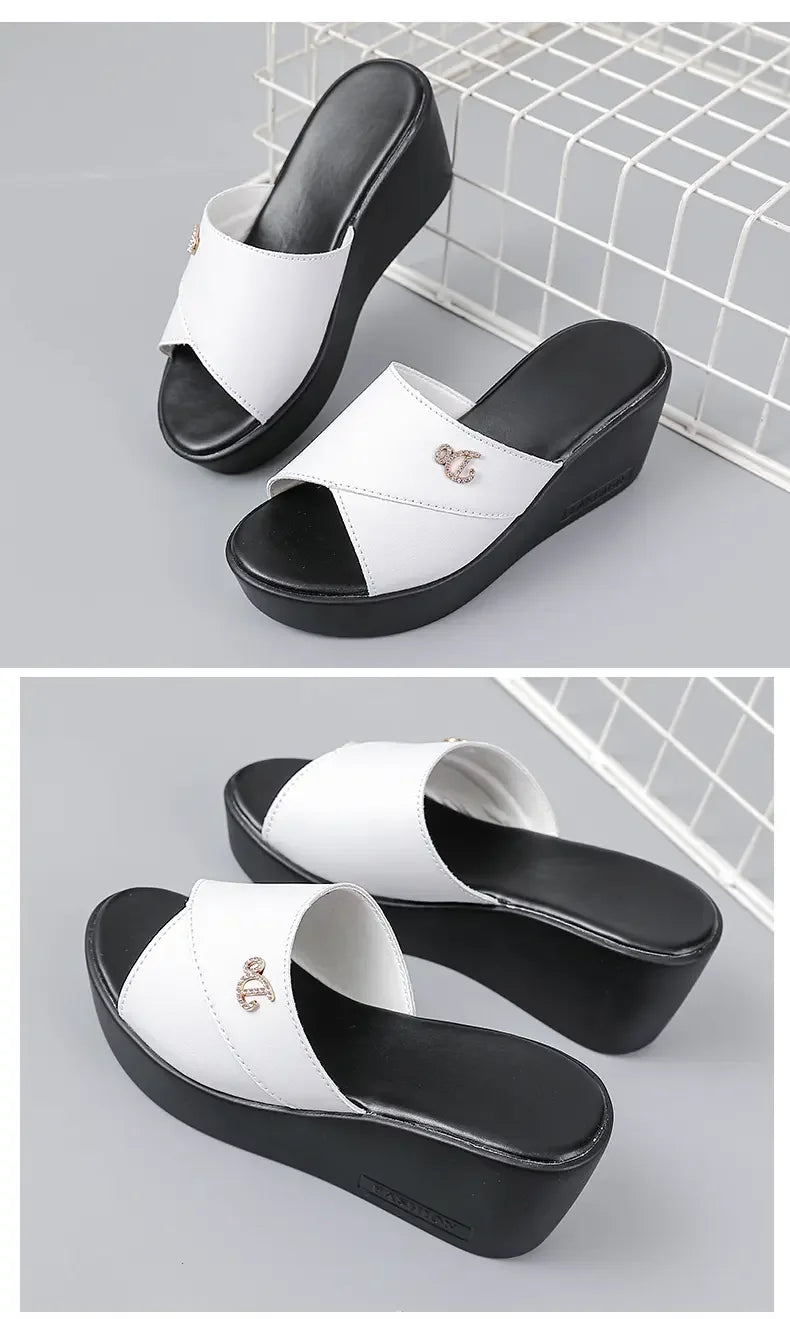 Women shoes Summer Fashion  leather Leisure shoes women platform wedges Fish Mouth Sandal Thick Bottom Slippers