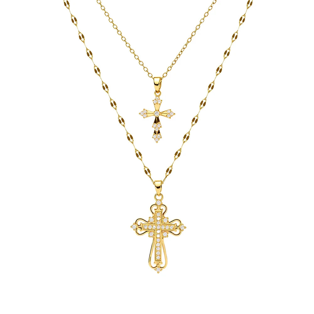 Women's Exquisite Luxury Cross Necklace High-End Zircon Pendant Stainless Steel Collarbone Chain Jewelry Gift