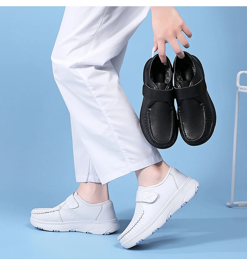 Women's Genuine Leather Nurse Shoes Soft Bottom Comfortable Breathable Anti-Slip Magic Tape Work Shoes Black White Spring Autumn