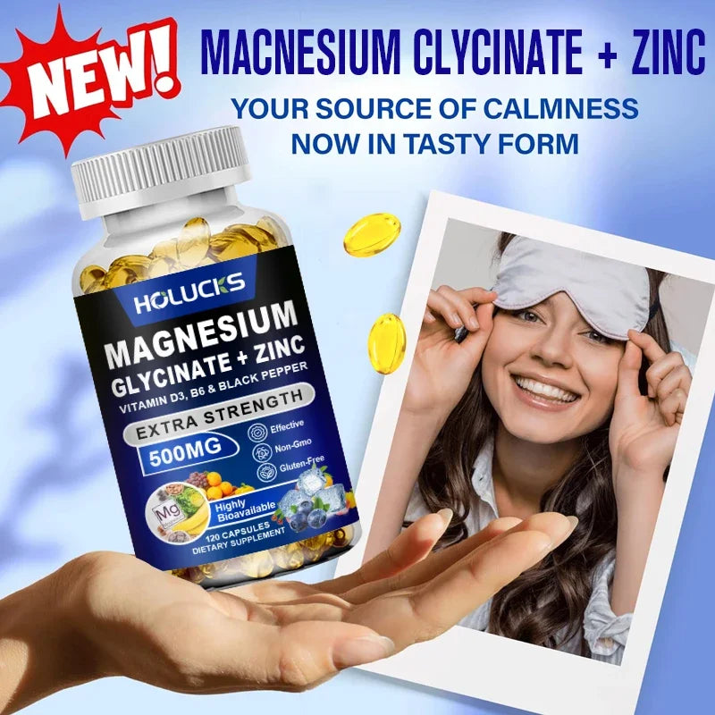 Magnesium Glycinate & Zinc 500mg - Chelated Supplement  - with Vitamin D3 & B6 - Support for Sleep, Muscle & Heart Health
