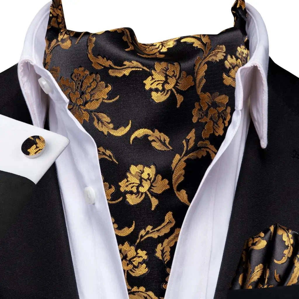 Hi-Tie Mens Ascot Black Pink Blue Red Gold Green Purple White Cravat Tie Hanky Cufflinks for Male Wedding Business Prom