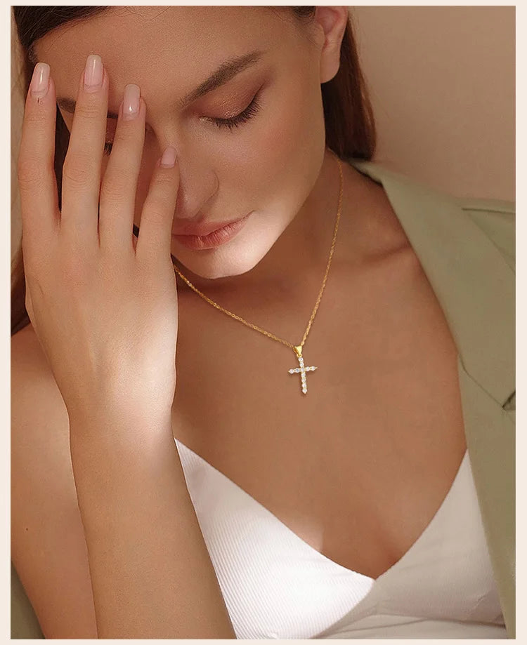 Minimalist Simple Cubic Zirconia Cross Pendant Neckalce for Women,  CZ Crucifix Neclace, 316L Stainless Steel Not Fade