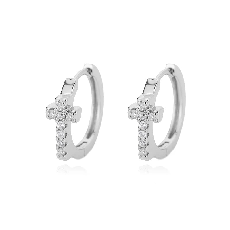 CZ Zircon Cross Hoop Earrings For Women Stainless Steel Hip Hop Punk Small Geometric Round Earrings Religion Jewelry Gift