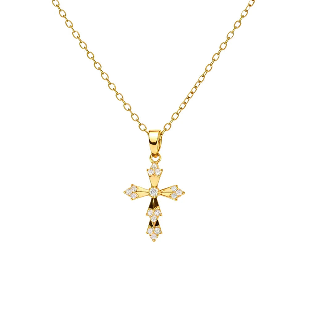 Women's Exquisite Luxury Cross Necklace High-End Zircon Pendant Stainless Steel Collarbone Chain Jewelry Gift