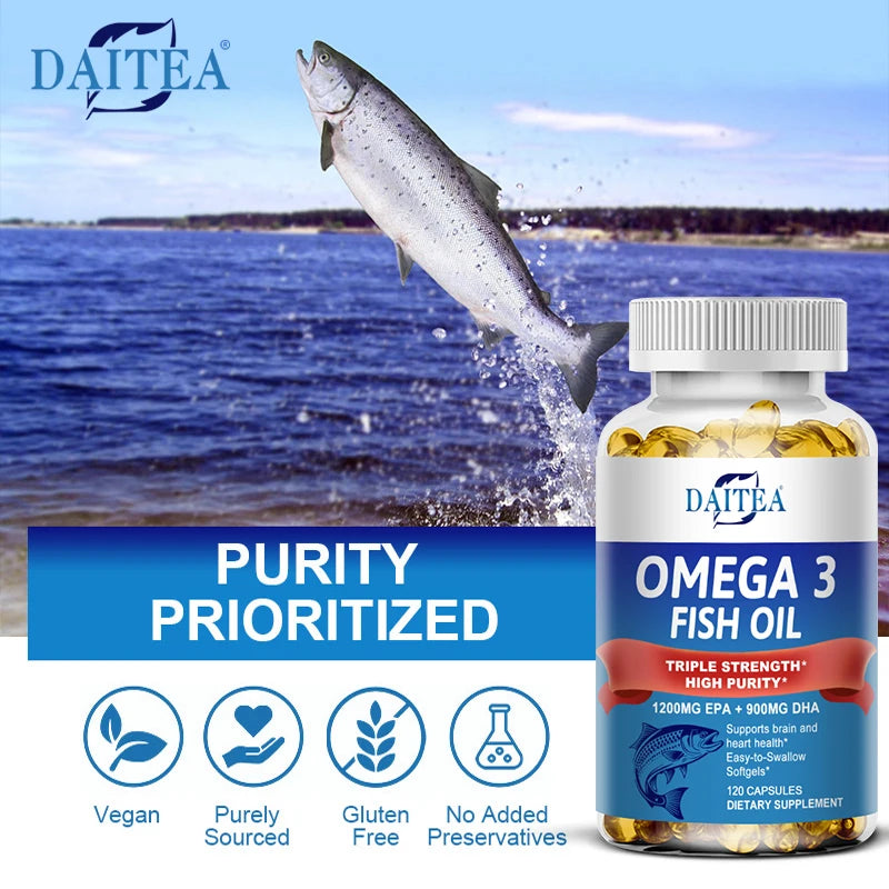Daitea Triple Strength Omega 3 Fish Oil - Fish Oil Supplement with EPA & DHA Fatty Acids Premium Wild Caught, 30/60/120 Capsules