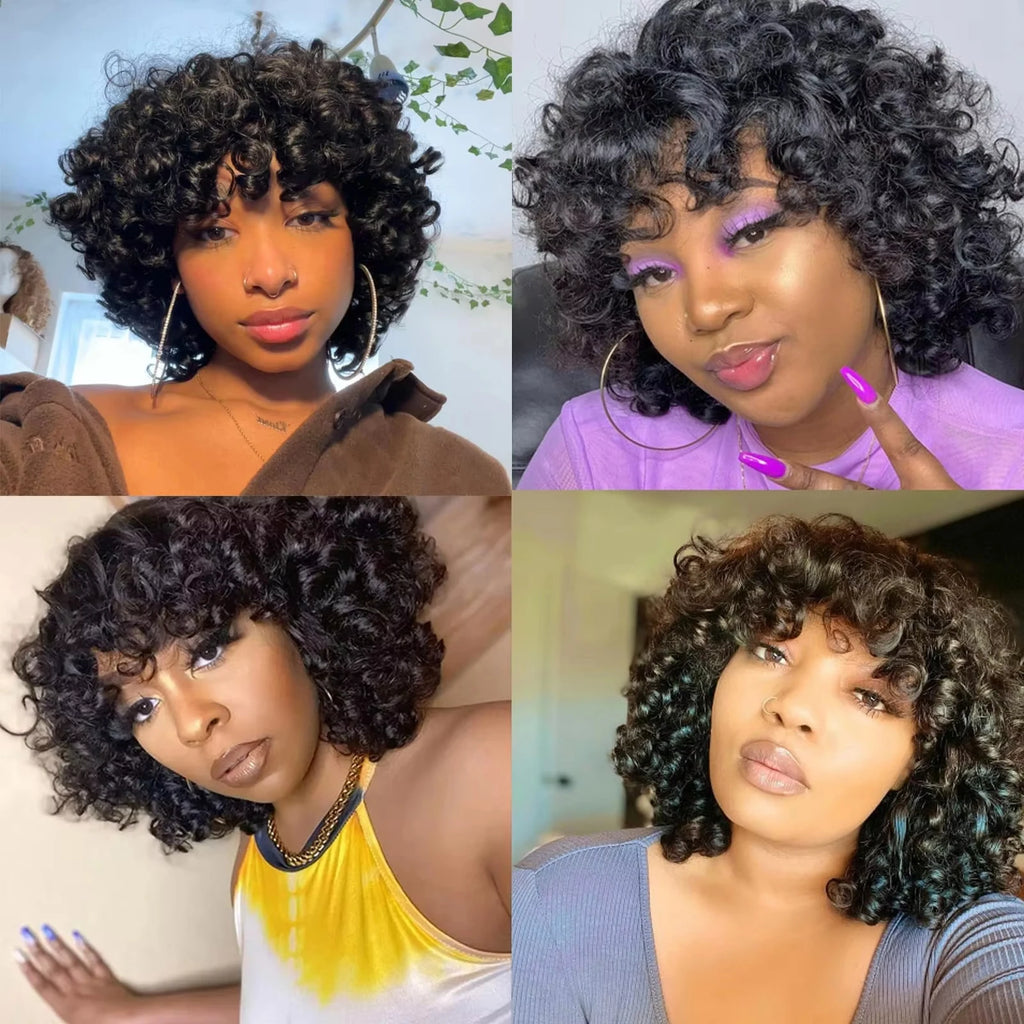 250% Bouncy Curly Bob Human Hair Wigs Loose Bouncy Rose Curly Wigs With Bangs Brazilian Remy Hair Machine Made Wig for Women