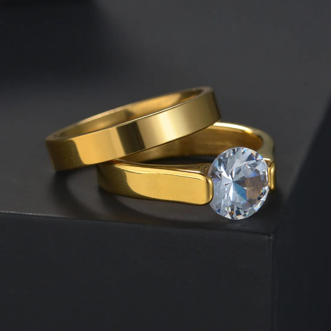 Couple Rings - Women Exquisite Rhinestones Zirconia Rings Set Simple Stainless Steel Men Ring Fashion Jewelry For Lover Gifts