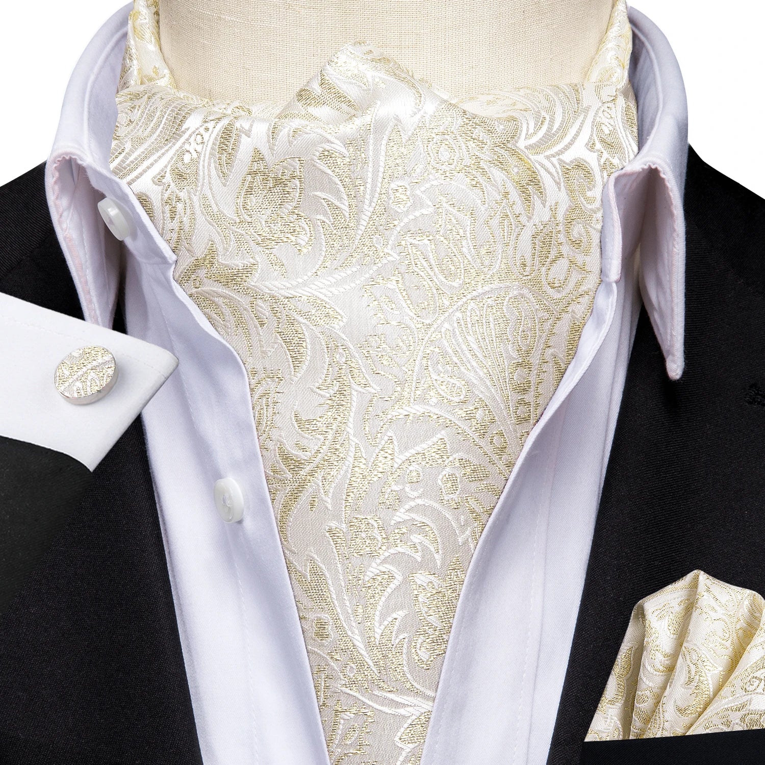 Hi-Tie Mens Ascot Black Pink Blue Red Gold Green Purple White Cravat Tie Hanky Cufflinks for Male Wedding Business Prom
