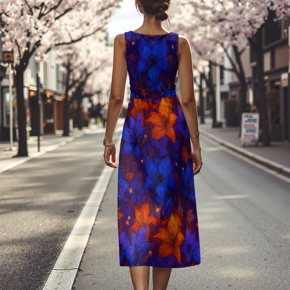 Elegant Floral Dress for Women Breathable A-Line Sleeveless Dress Chic Blue & White with Pink Blooms Office To Vacation Dress