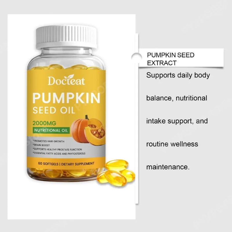 Docteat Pumpkin Seed Oil Softgels 2000mg Natural Source of Essential Fatty Acids Plant-Based Daily Nutrition Support 60 Count
