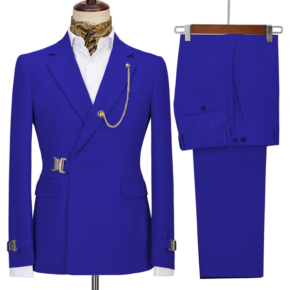 Elegant Men's Suit 2 Pieces Fashion Metal Buckle Jacket Boutique Business Casual Suit Coat Groom Wedding Dress (Blazers+Pants)