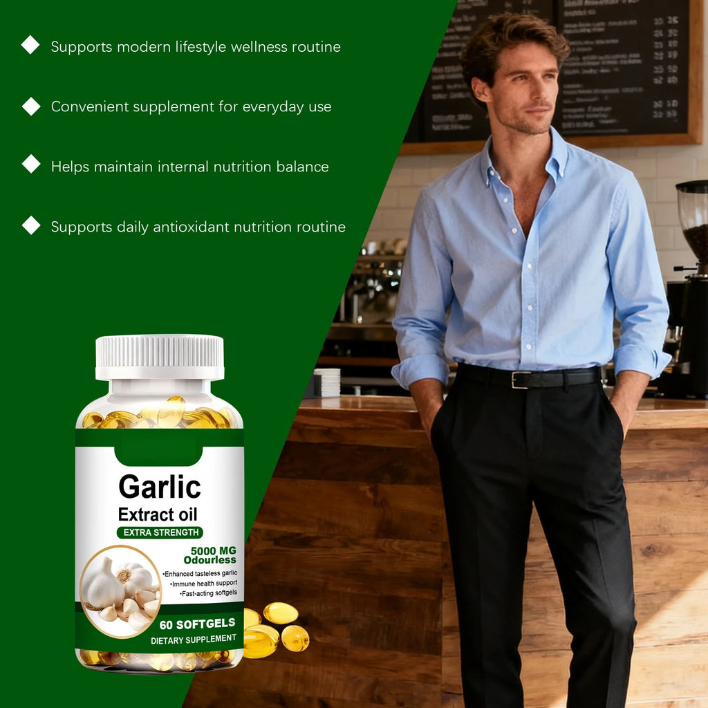 Odourless Garlic Extract Softgels 5000mg – Immune Boost & Heart Health Support – Fast-Acting Formula, 60 Tasteless Softgels