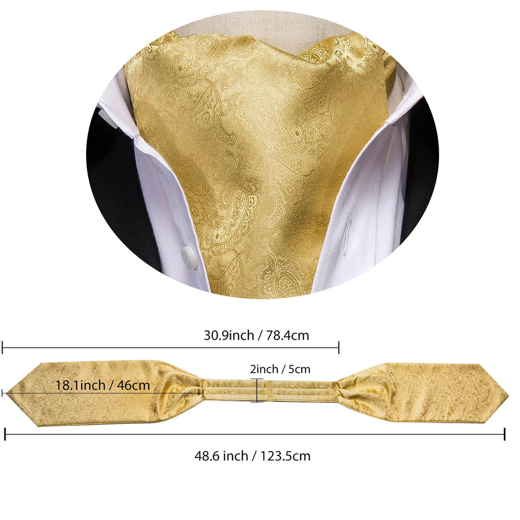 Hi-Tie Mens Ascot Black Pink Blue Red Gold Green Purple White Cravat Tie Hanky Cufflinks for Male Wedding Business Prom