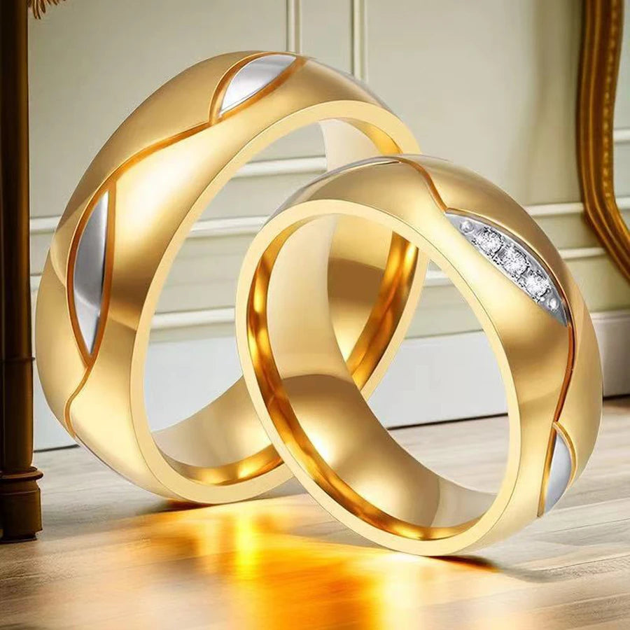 1Piece Gold Tone Silver Plated Stainless Steel Titanium Ring Cubic Zircon Rhinestone Couple Engagement Wedding Jewelry Men Women