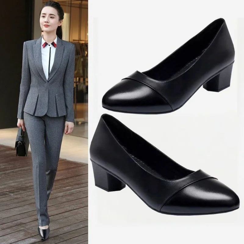 Women Shallow Mouth Mid Heel Shoes 3-5cm Square Heel Low Top Pointed Toe PU Leather Rubber Sole Comfort Casual Office Dress Wear