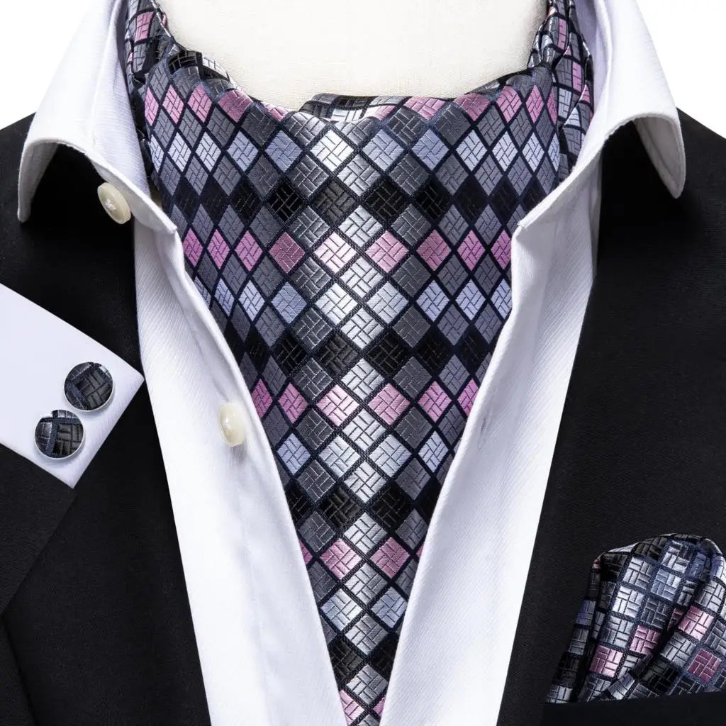 Hi-Tie Mens Ascot Black Pink Blue Red Gold Green Purple White Cravat Tie Hanky Cufflinks for Male Wedding Business Prom