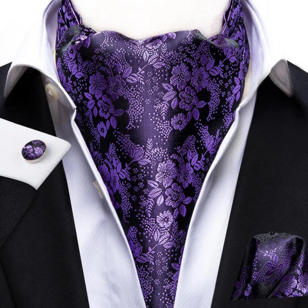 Hi-Tie Mens Ascot Black Pink Blue Red Gold Green Purple White Cravat Tie Hanky Cufflinks for Male Wedding Business Prom