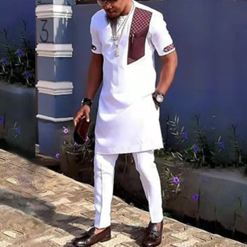 African traditional dress men's suit Long sleeve ethnic style printed patchwork shirt casual pants 2 piece holiday casual suit