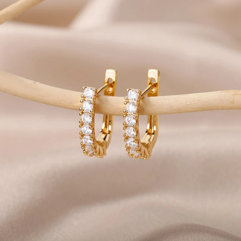 Cubic Zirconia Hoop Earrings For Women Luxury Crystal Zircon Gold Color Stainless Steel Earring Jewelry Wedding Party Gift